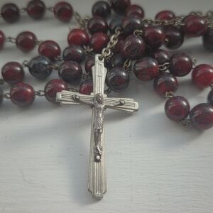 Vintage Roma Authentic Rosary, Red sesame jasper beads. Silver crusifix